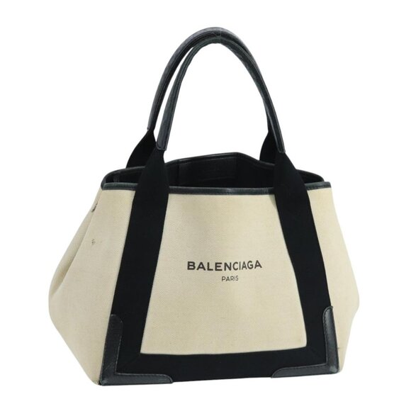 BALENCIAGA Navy Cabas S Tote Bag Canvas Leather Beige Black 339933 Auth 104736 - Picture 1 of 16
